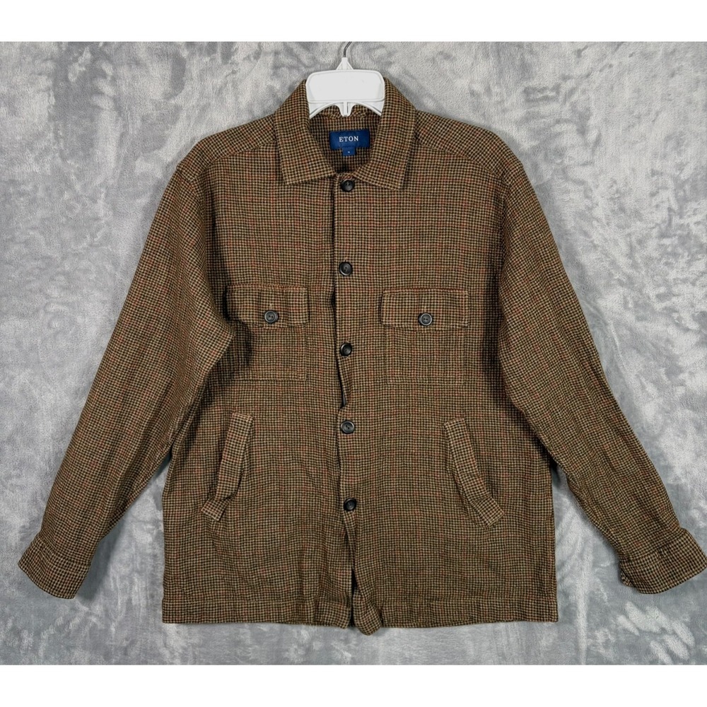 Eton Brown Check Cotton Wool Cashmere Flannel Button Up Shirt Men XL Long Sleeve